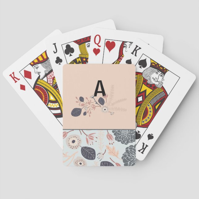 Monogram Elegant Grått Blue Peach Blommönster Casinokort (Baksidan)