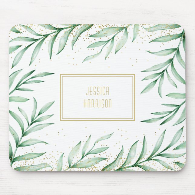 Monogram Elegant Greenery Watercolor Löv Musmatta (Framsidan)