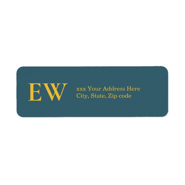 Monogram Elegant Grönt Blue Golden Gult Adress Returadress Etikett (Framsidan)