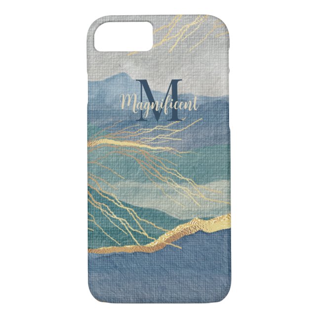 Monogram Elegant Guld Blue Ligcape Art Case-Mate iPhone Skal (Baksida)