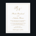 Monogram Elegant Guld budgetbröllop inbjudan<br><div class="desc">Traditionell bröllopsinbjudan till stil-budget med en enkel och klassisk design med dina två första monogram och namn i en elegant kalligrafi inuti ett tunt gräns. All design inslag är i faux guld över en vit bakgrund och kan ändras i designredigeringsverktyget i verktyg. Denna klassutformning är perfekt för ett formellt bröllop....</div>