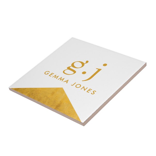 Monogram Elegant Guld Faux Foil White Kakelplatta (Sidan)