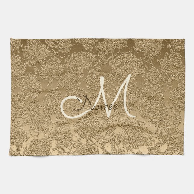 Monogram Elegant Guld Modern Girly Blommigt Kökshandduk (Horisontell)