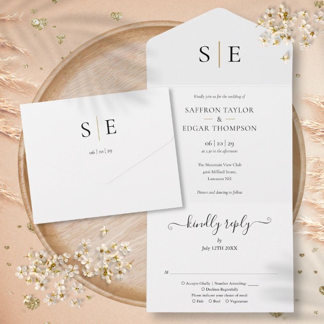 Monogram Elegant Guld Svart Bröllop (Monogram Elegant Gold Black Wedding All In One Invitation)