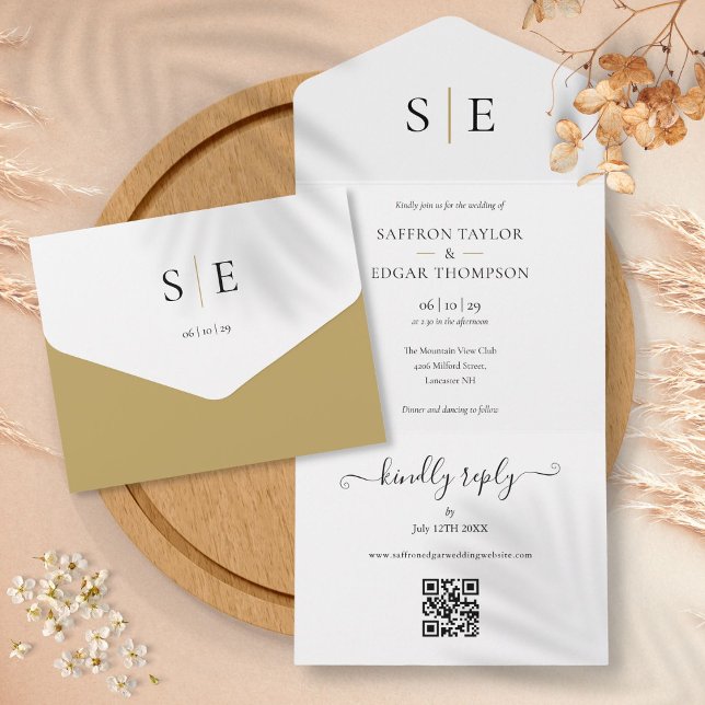 Monogram Elegant Guld Svart QR-kod Bröllop (Monogram Elegant Gold Black QR Code Wedding All In One Invitation)