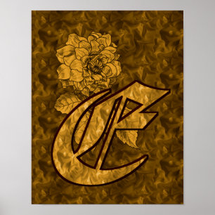 Monogram Elegant Initial E Guld Peony Blomma Poster