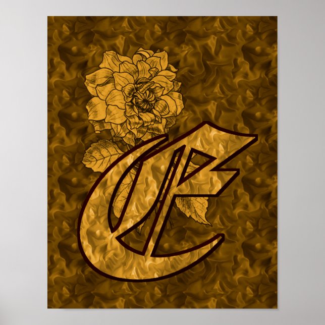 Monogram Elegant Initial E Guld Peony Blomma Poster (Framsidan)