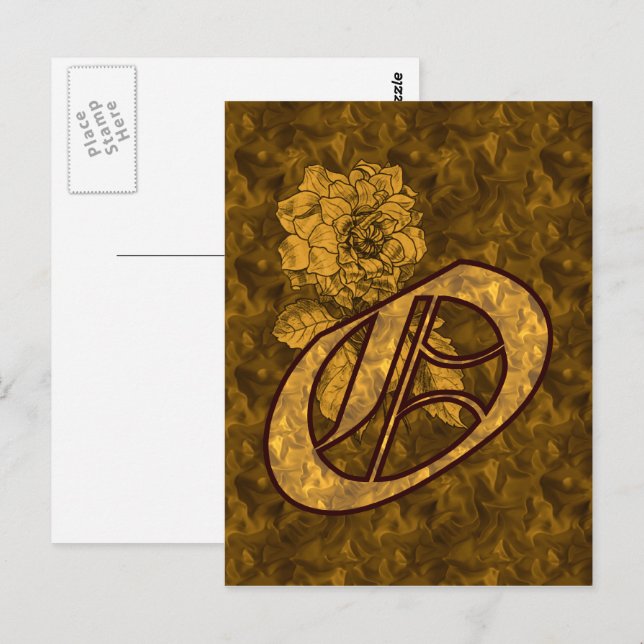 Monogram Elegant Initial O Guld Peony Blomma Vykort (Fram/baksida)