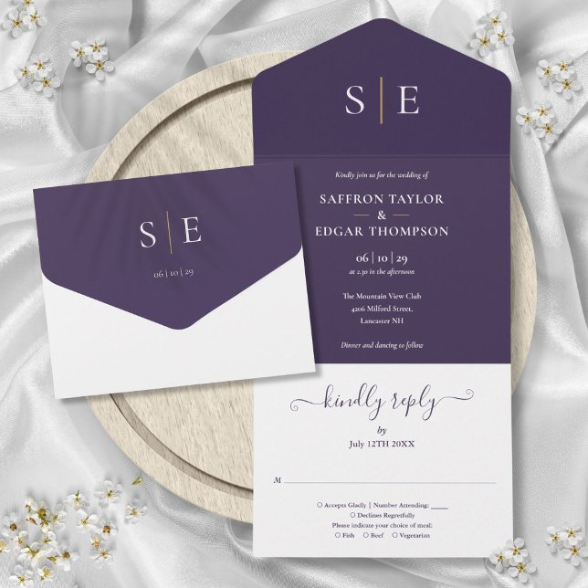 Monogram Elegant Lila Och Guld Bröllop (Monogram Elegant Purple And Gold Wedding All In One Invitation)