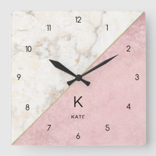 Monogram Elegant Marble Minimalist Ro Guld Fyrkantig Klocka