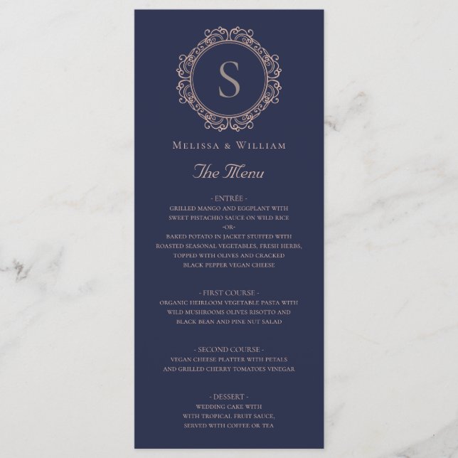 Monogram Elegant Marin Bröllop Meny (Framsida)