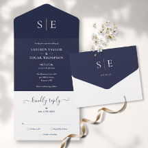 Monogram Elegant Marinblå Och Guld Bröllop