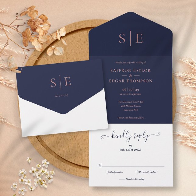 Monogram Elegant Marinblå Och Roséguld Bröllop (Monogram Elegant Navy Blue And Rose Gold Wedding All In One Invitation)