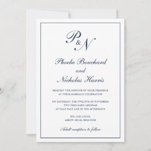 Monogram Elegant, marinblått allt på en Bröllop Inbjudningar