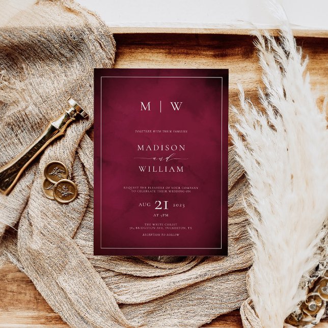 Monogram Elegant Modern Burgundy Wedding Inbjudningar (Skapare uppladdad)