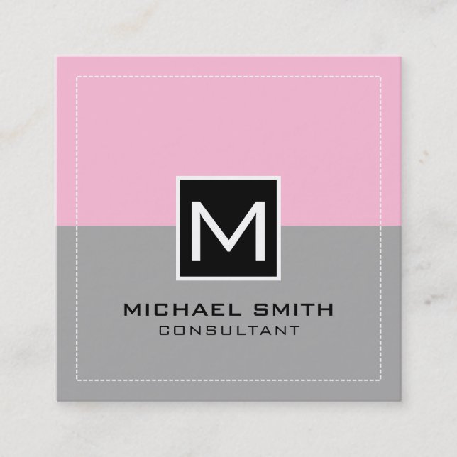 Monogram Elegant Modern Grått Cotton Candy Fyrkantigt Visitkort (Framsida)