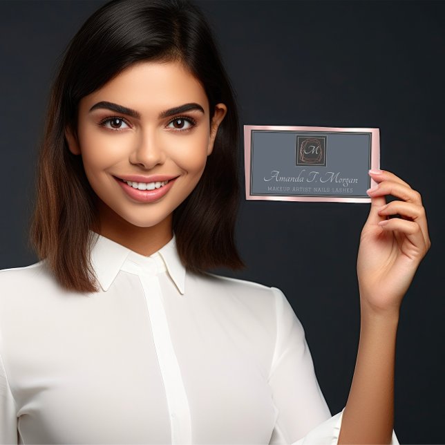 Monogram Elegant Möte Grått Ro Dusty Blue Visitkort (Monogram Elegant Appointment Gray Rose Dusty Blue Business Card)