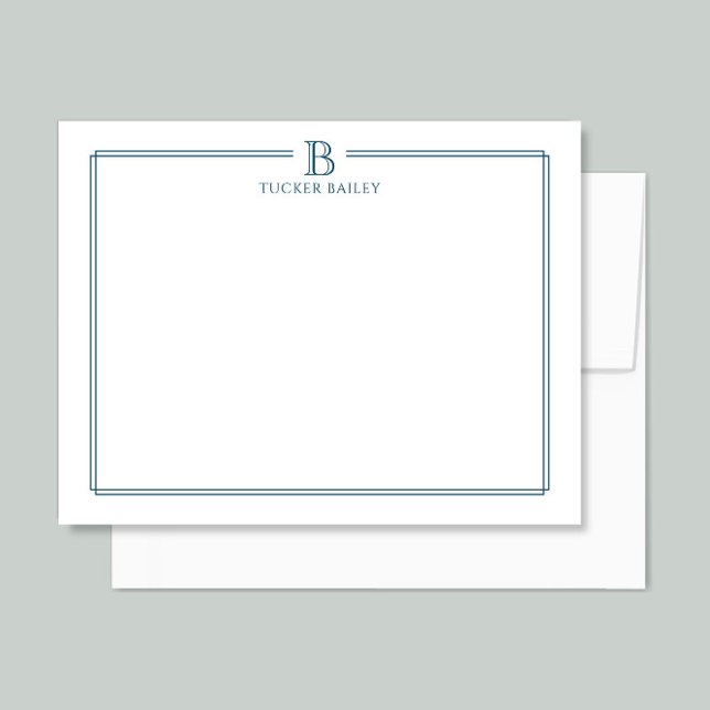 Monogram Elegant Navy Blue Gräns Stationery Anteckningskort (Skapare uppladdad)