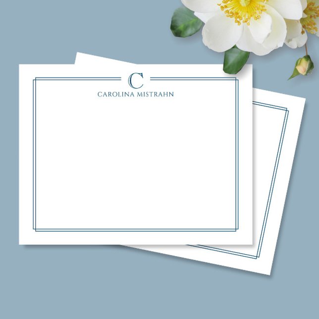 Monogram Elegant Navy Blue Gräns Stationery Anteckningskort (Skapare uppladdad)