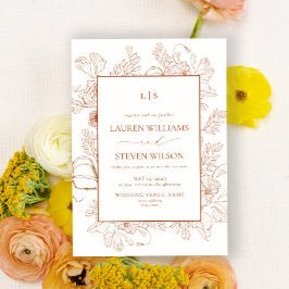 Monogram Elegant Orange Blommigt Line Art Bröllop Inbjudningar