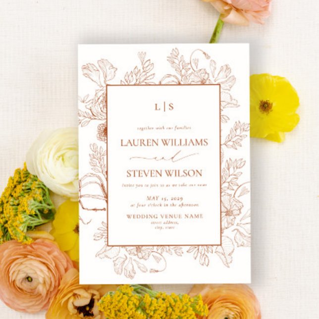 Monogram Elegant Orange Blommigt Line Art Bröllop Inbjudningar (Skapare uppladdad)