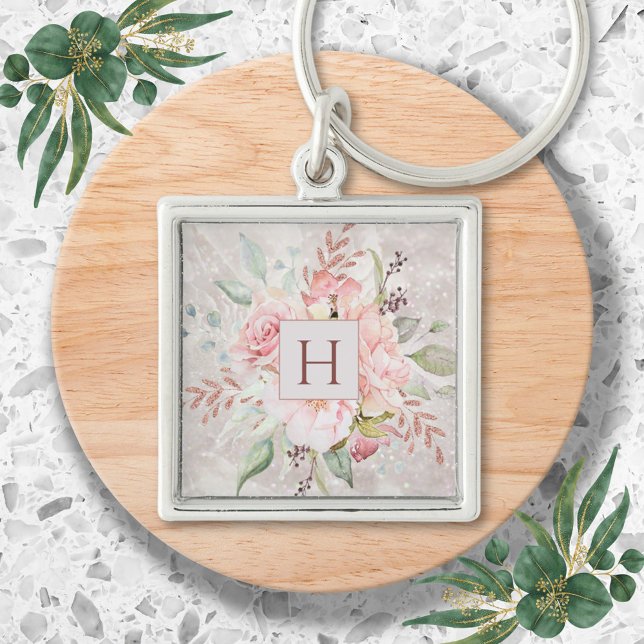 Monogram Elegant Pink Rose Peony Floral Marble Fyrkantig Silverfärgad Nyckelring (In situ)