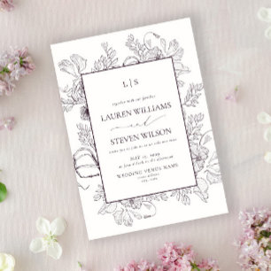 Monogram Elegant Plommon Lila Blommig Linje Bröllo Inbjudningar