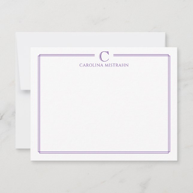 Monogram Elegant Purple Border Stationery Anteckningskort (Framsida)