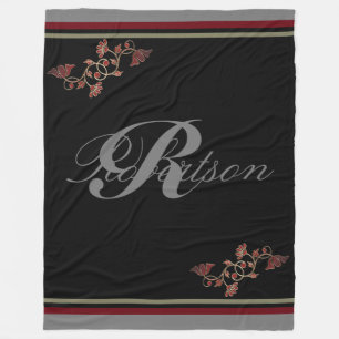 Monogram Elegant Red Black Ruby Grått Fleecefilt