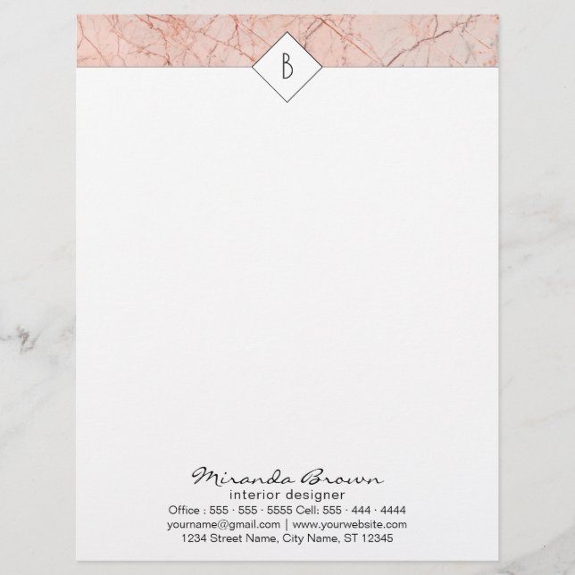 Monogram Elegant Ro Guld Marble Letterhead Brevhuvud (Framsida)