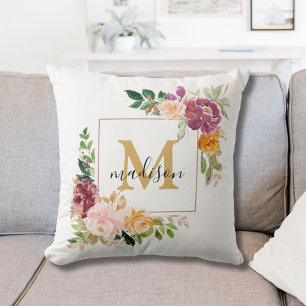 Monogram Elegant Rosa Floral Botanisk Vattenfärg Kudde