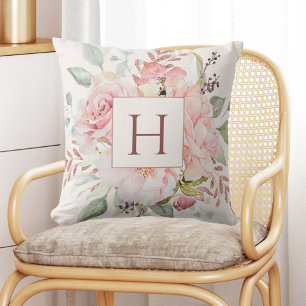 Monogram Elegant Rosa Peony Blommig Bukett  Kudde