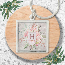 Monogram Elegant Rosa Ros Peony Blommig Marmor Fyrkantig Silverfärgad Nyckelring