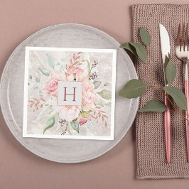 Monogram Elegant Rosa Ros Peony Blommig Marmor Pappersservett