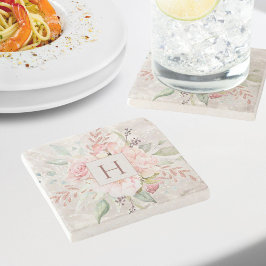 Monogram Elegant Rosa Ros Peony Blommig Marmor Stenunderlägg