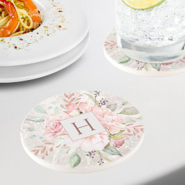 Monogram Elegant Rosa Ros Peony Blommig Marmor Underlägg