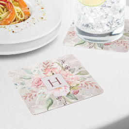 Monogram Elegant Rosa Ros Peony Blommig Marmor Underlägg Papper Kvadrat