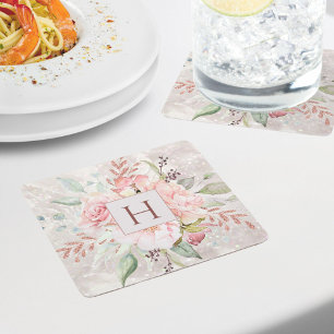Monogram Elegant Rosa Ros Peony Blommig Marmor Underlägg Papper Kvadrat