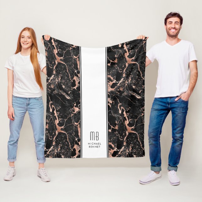 Monogram Elegant Roséguld Svart Marmor Fleecefilt (På plats)