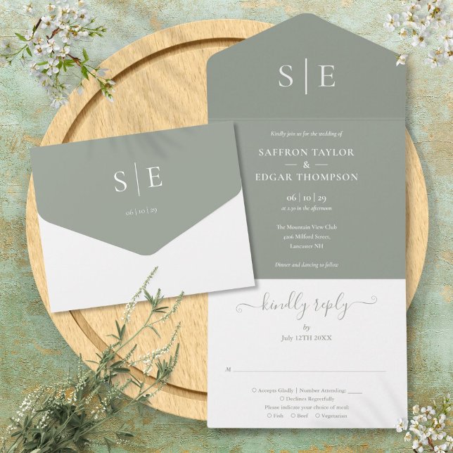 Monogram Elegant Sagegrön Minimalistisk Bröllopsin (Monogram Elegant Sage Green Minimalist Wedding All In One Invitation)