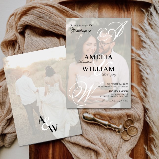Monogram Elegant Script Namn Photo Bröllop Inbjudningar (Skapare uppladdad)