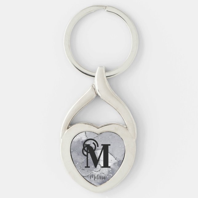Monogram elegant Silver och svart Twisted Heart Silverfärgad Nyckelring (Framsidan)