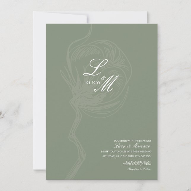 Monogram Elegant Skript Bomull Blomma Bröllop I Inbjudningar (Framsida)