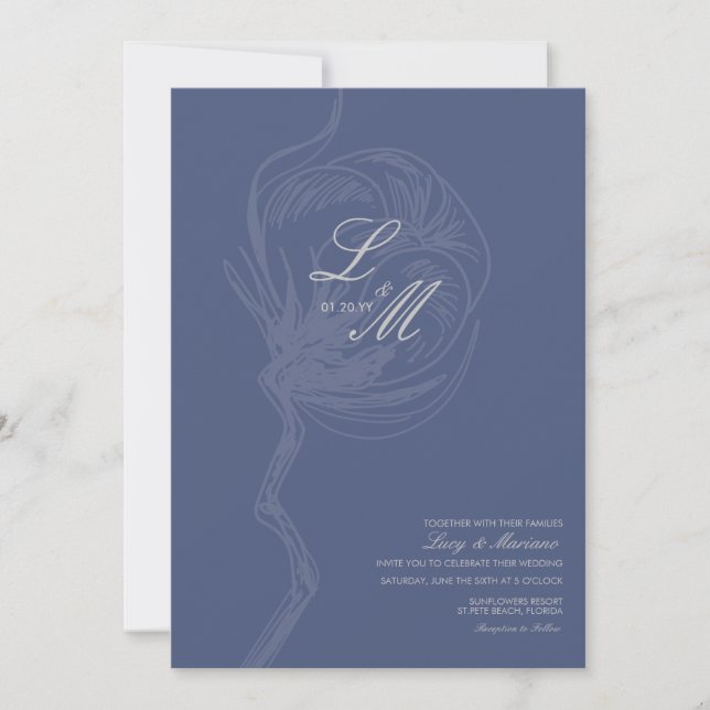 Monogram Elegant Skript Bomull Blomma Bröllop Inbjudningar (Framsida)