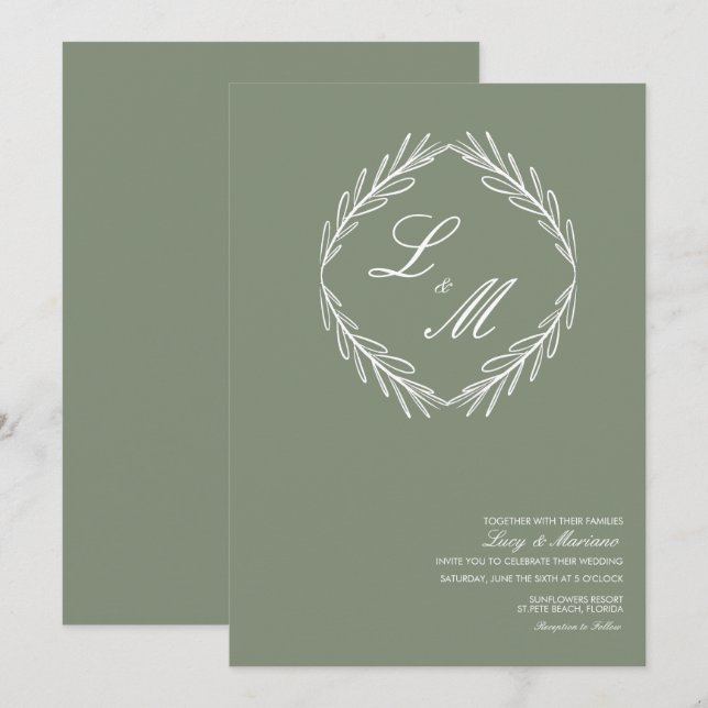 Monogram Elegant Skript Gren Bröllopslogotyp Inbjudningar (Fram/baksida)