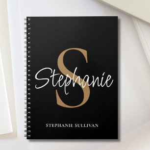 Monogram Elegant Skript Namn Svart Guld Anteckningsbok