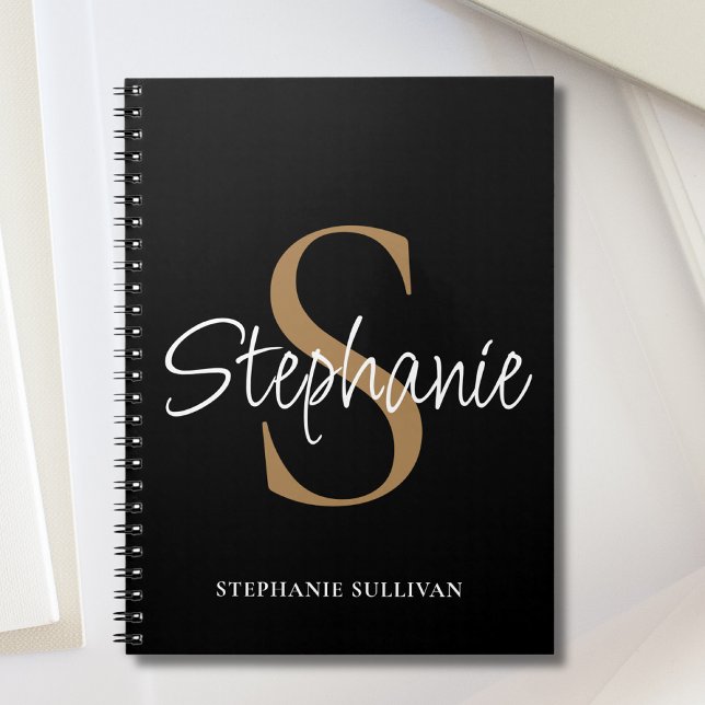Monogram Elegant Skript Namn Svart Guld  Anteckningsbok (Skapare uppladdad)