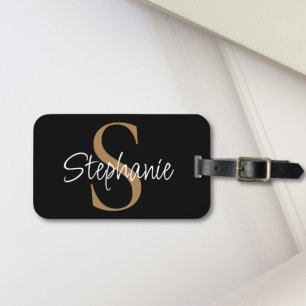 Monogram Elegant Skript Namn Svart Guld Bagagebricka