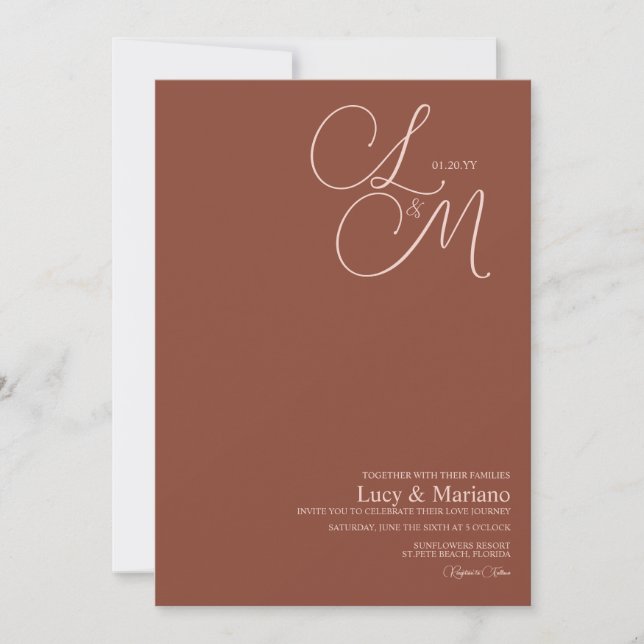 Monogram Elegant Skript Terrakotta Bröllop Inbjudningar (Framsida)