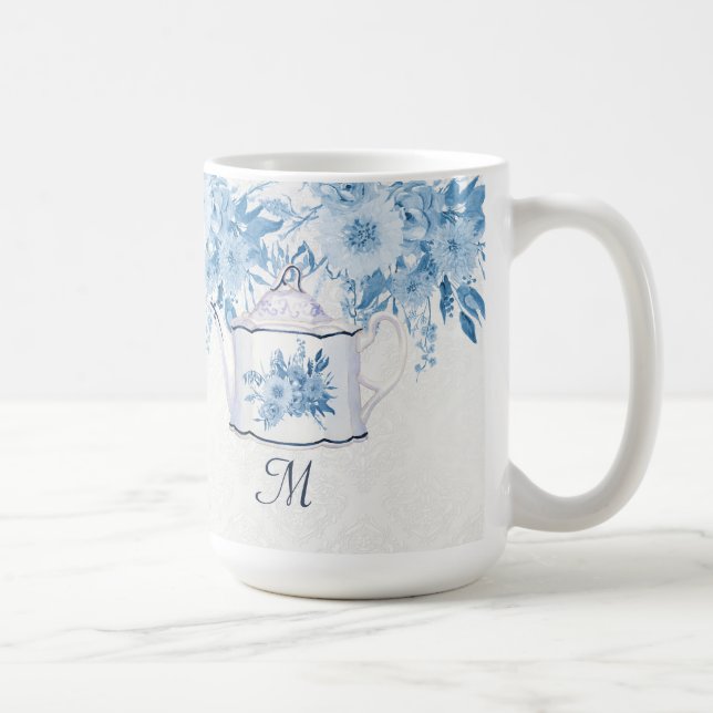 Monogram Elegant Tekanna Dusty Blue n White Blommi Kaffemugg (Höger)